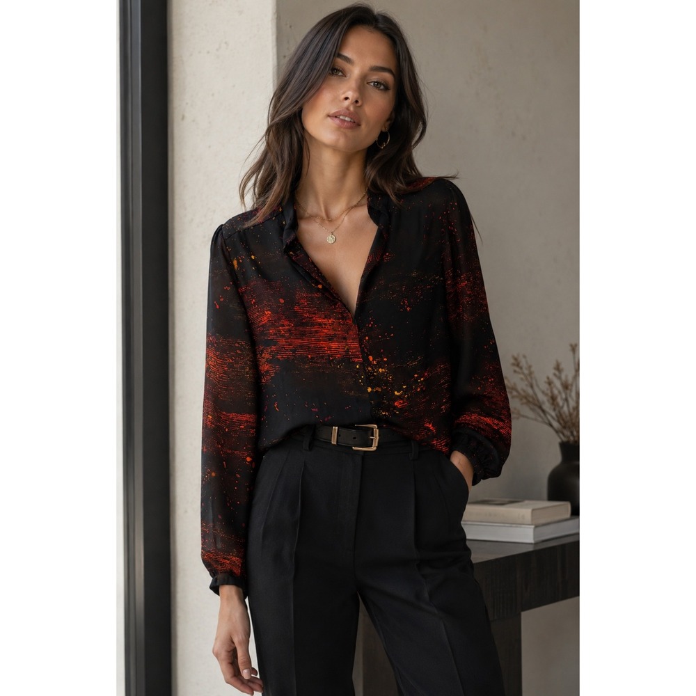 Vivienne Vivienne Tam Blouse Black Red Orange Abstract Print Sheer Y2K Vintage 6